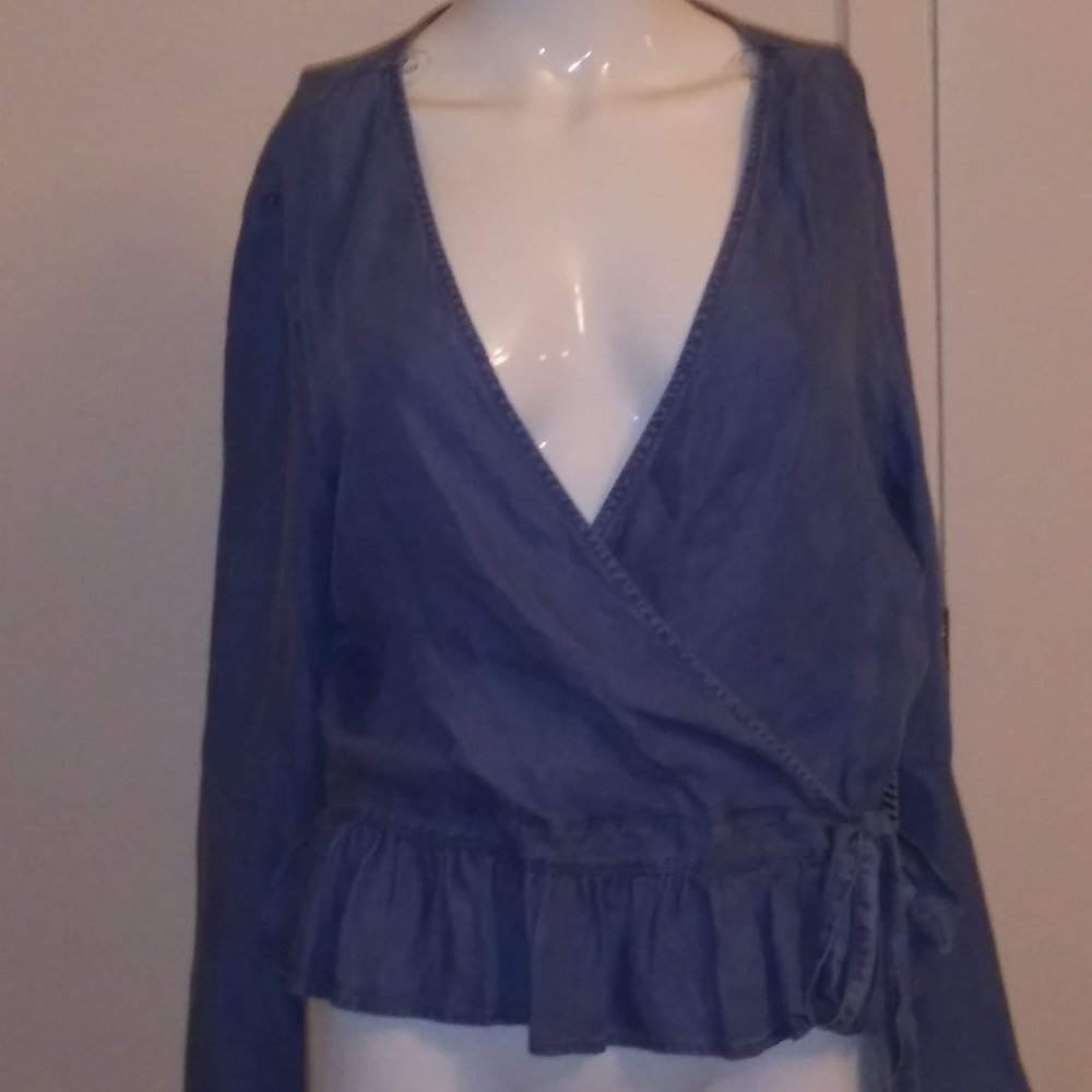 blue jean long sleeved blouse